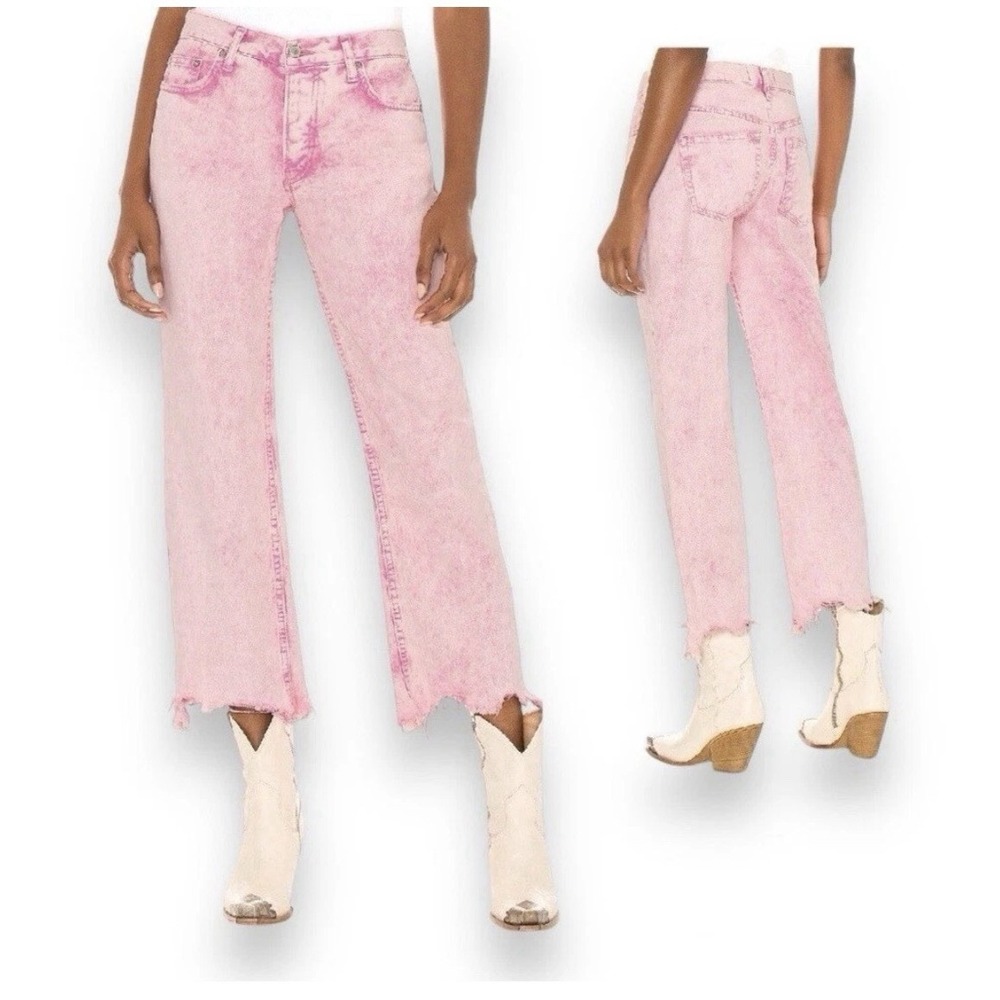 Free‎ People Maggie Jean Acid Wash Pink Button Fly Copped Distressed Hem 31